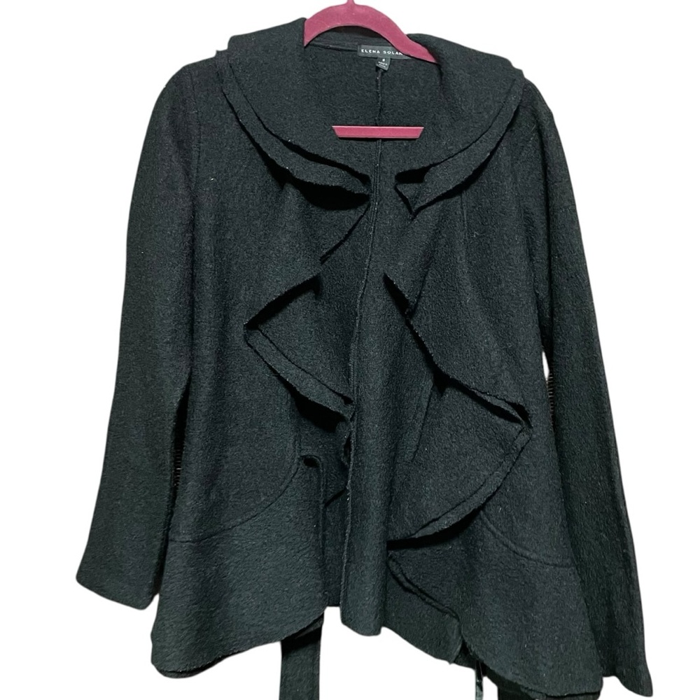 Elena Solano Black Boiled Wool Short Ruffle Jacket Blazer‎ Sz S Elegant Feminine